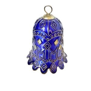 Cloisonne Bell Ornament MM Design Cobalt Blue and Pewter Enamel 3.5 Inch